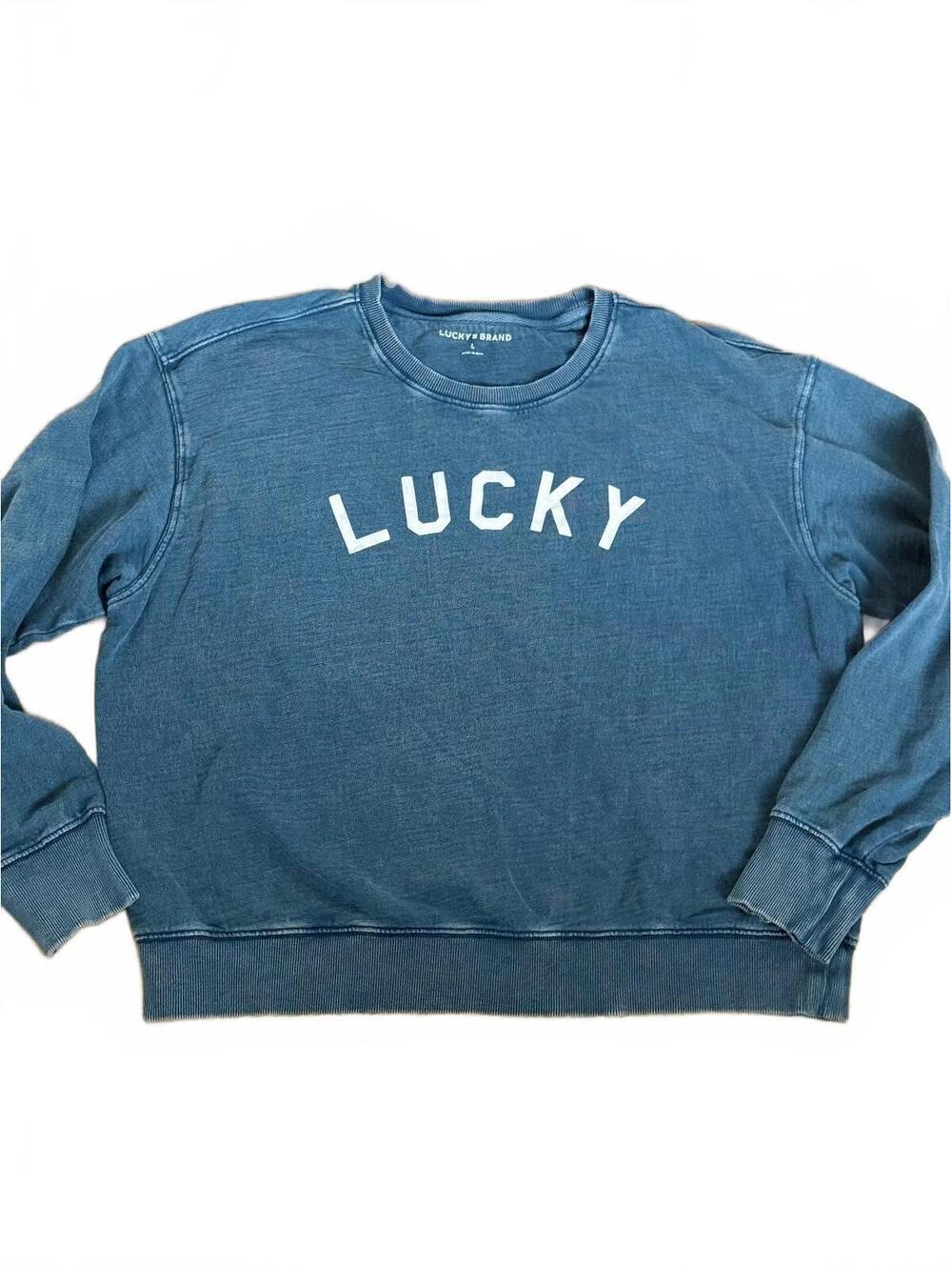 Lucky Brand Lucky Graphic Sweatshirt Large Blue Washed Faded Vintage Style